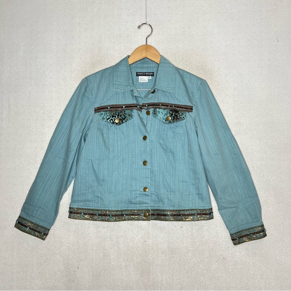 City Girl Nancy Bolen Blazer Jacket Denim Jean Jacket Beaded Embellished Size 8